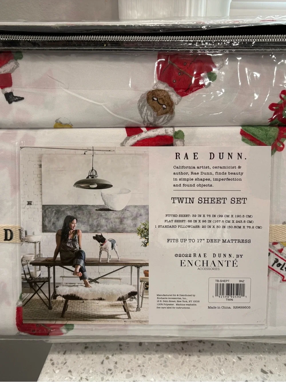 NEW Rae Dunn Twin Sheet Set - White with Red & Green Holiday Print